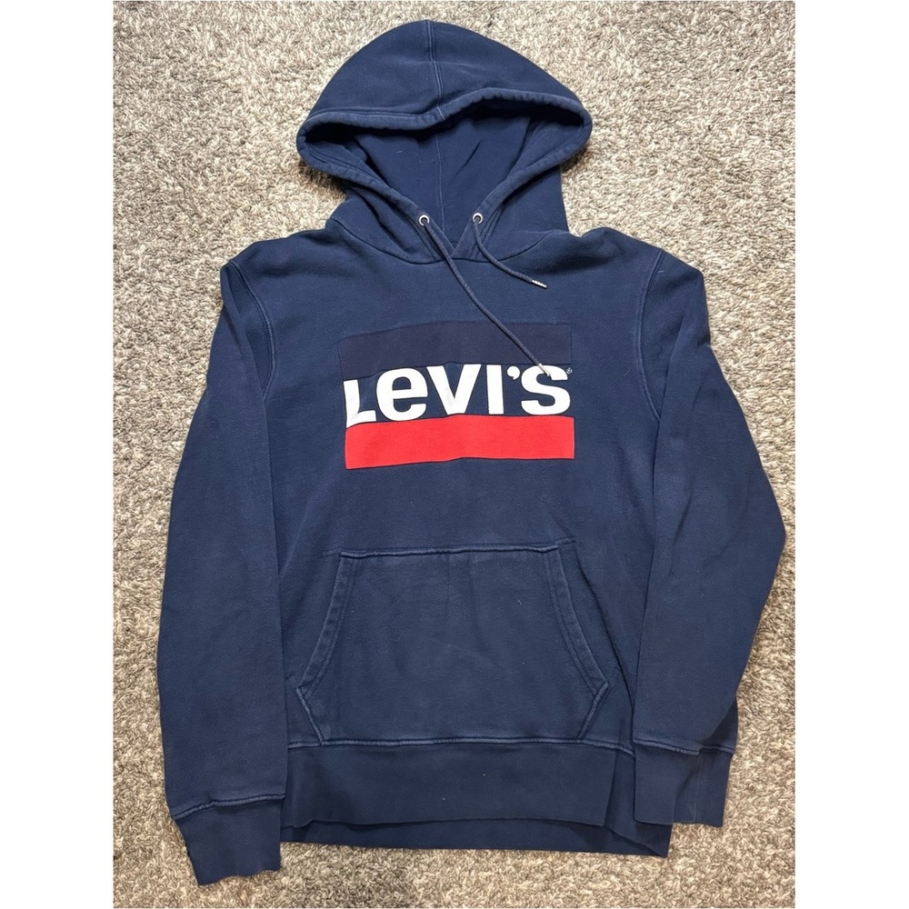 Vintage Levi's Navy Pullover Hoodie with Red Logo Bar mens Medium made in Turkey